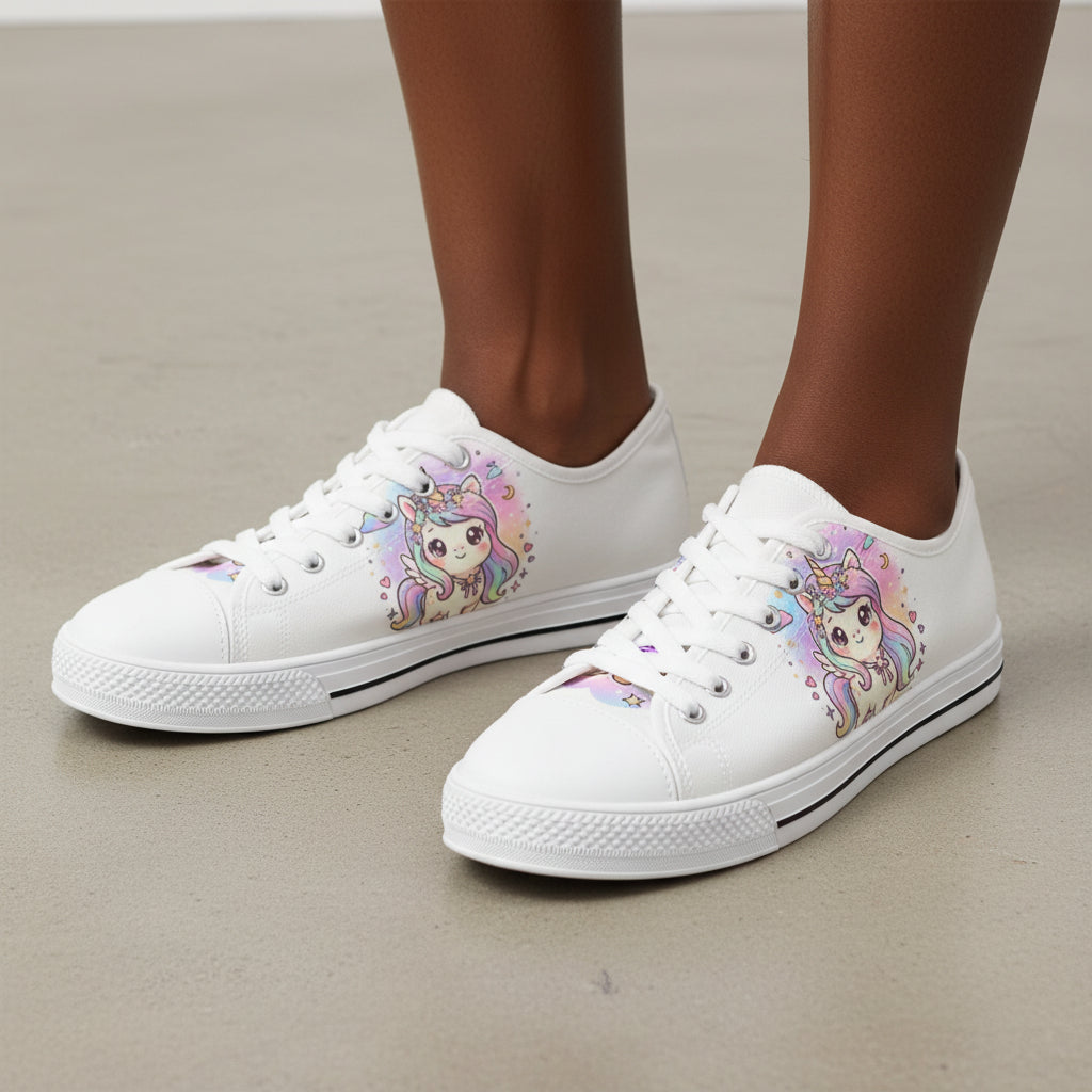 A pair of white low-top canvas sneakers featuring colorful cartoon unicorn illustrations on the sides, shown against a plain white background.