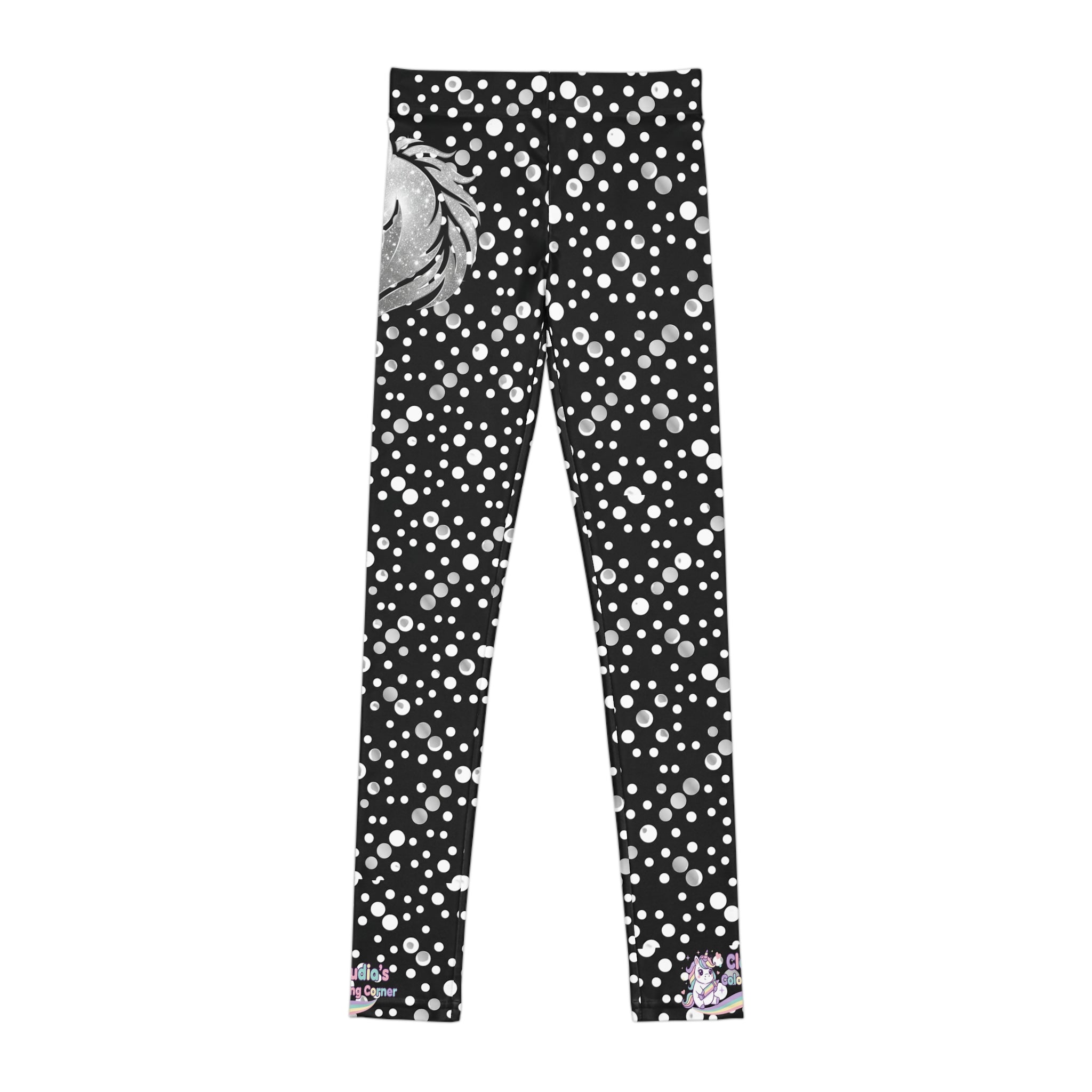 Youth Snowfall Unicorn Leggings — Black Polka Dot Winter AOP