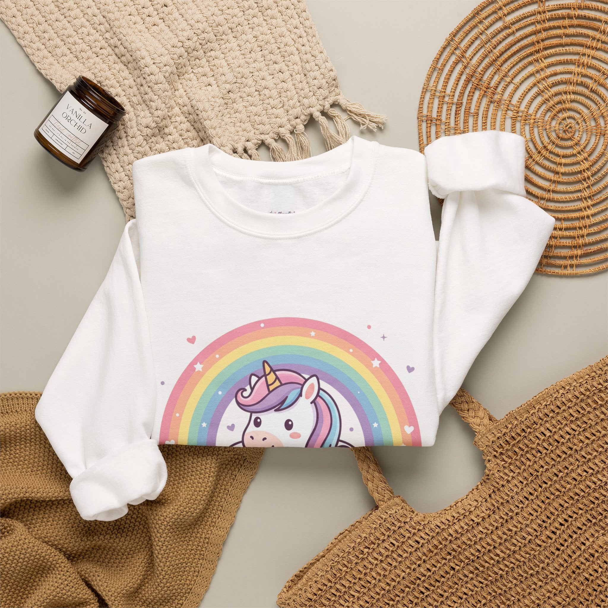 Unicorn Rainbow Crewneck Sweatshirt — Cute Pastel Cloud Graphic