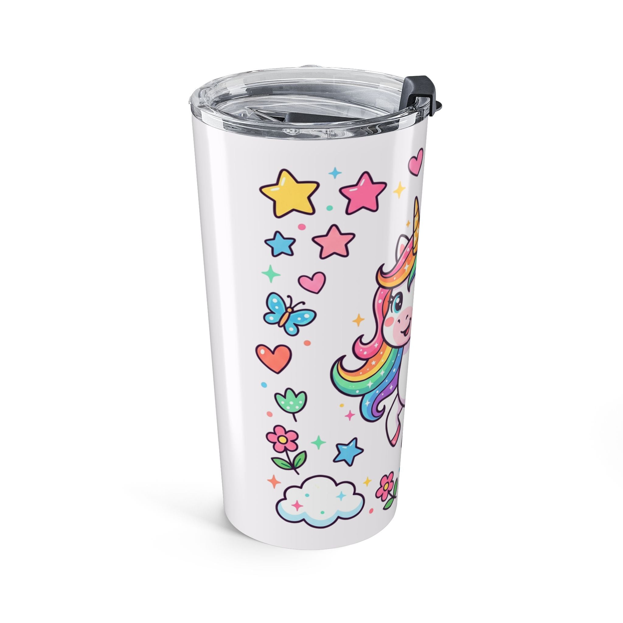20oz Rainbow Unicorn Tumbler — Cute Kids Travel Cup with Hearts & Flowers