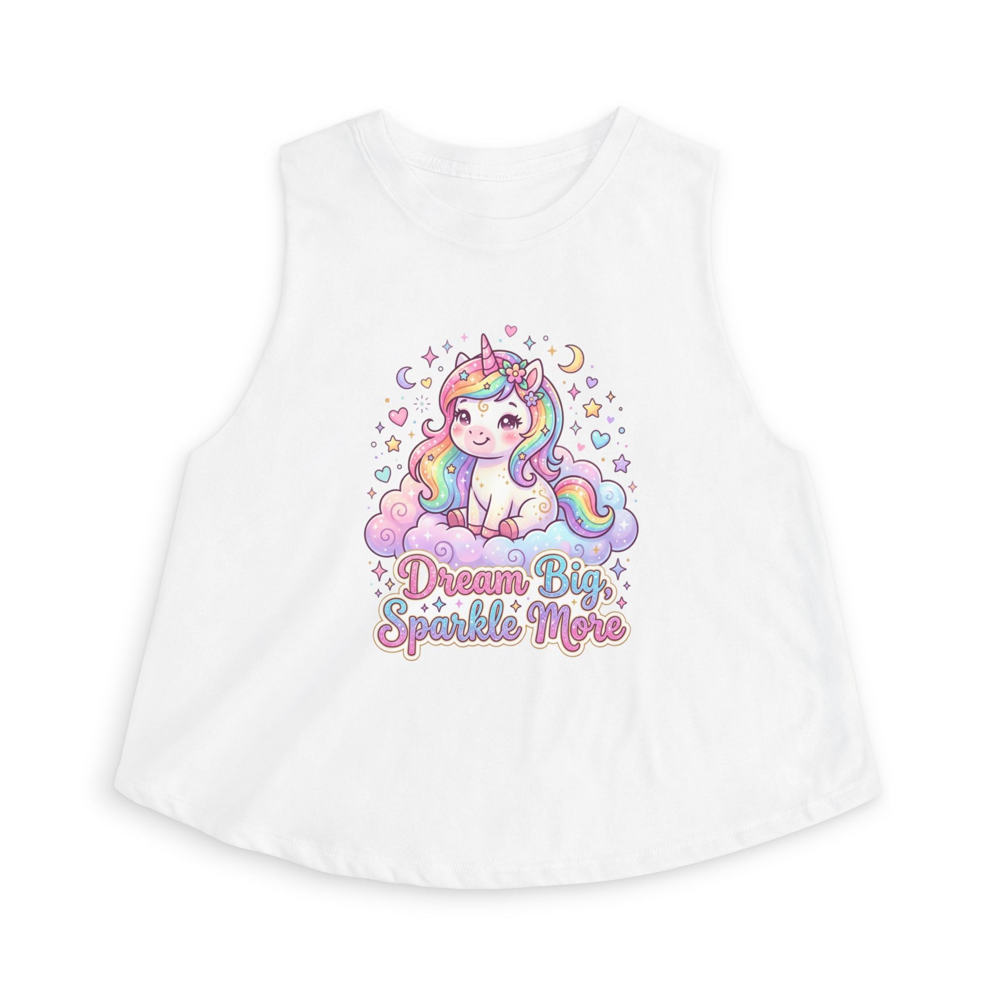 A white sleeveless tank top featuring a colorful cartoon unicorn sitting on a cloud with the text 'Dream Big, Sparkle More' printed below it, shown against a plain white background.