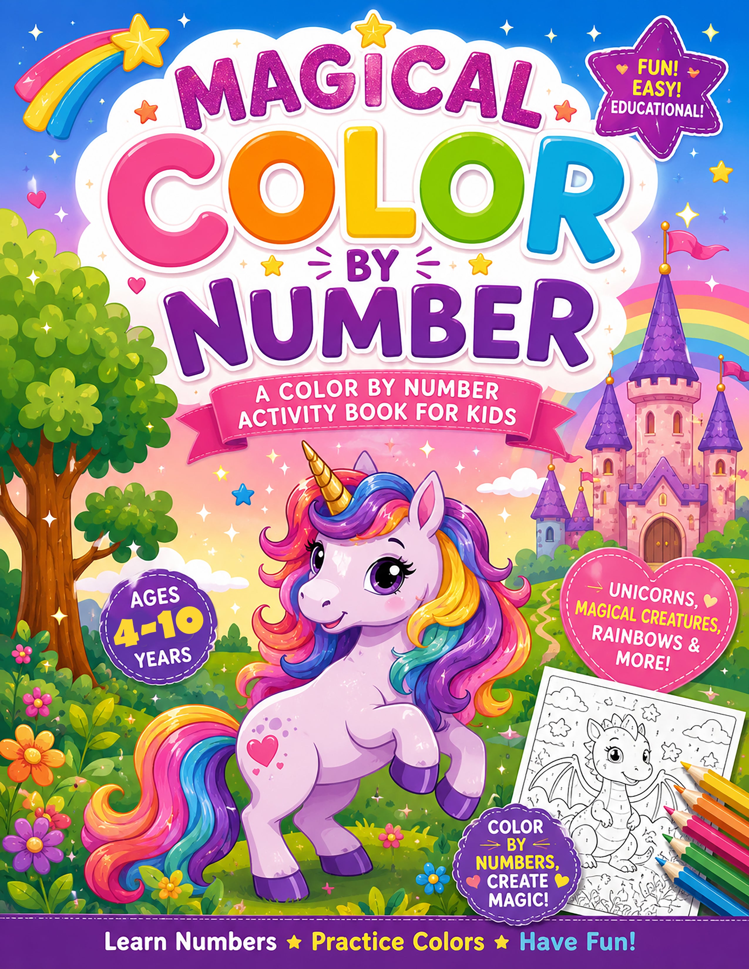 Front cover of the children's activity book 'Magical Color by Number'. The cover features a colorful, whimsical illustration of a unicorn with a rainbow mane and tail, a castle, a tree, and a rainbow in the sky.