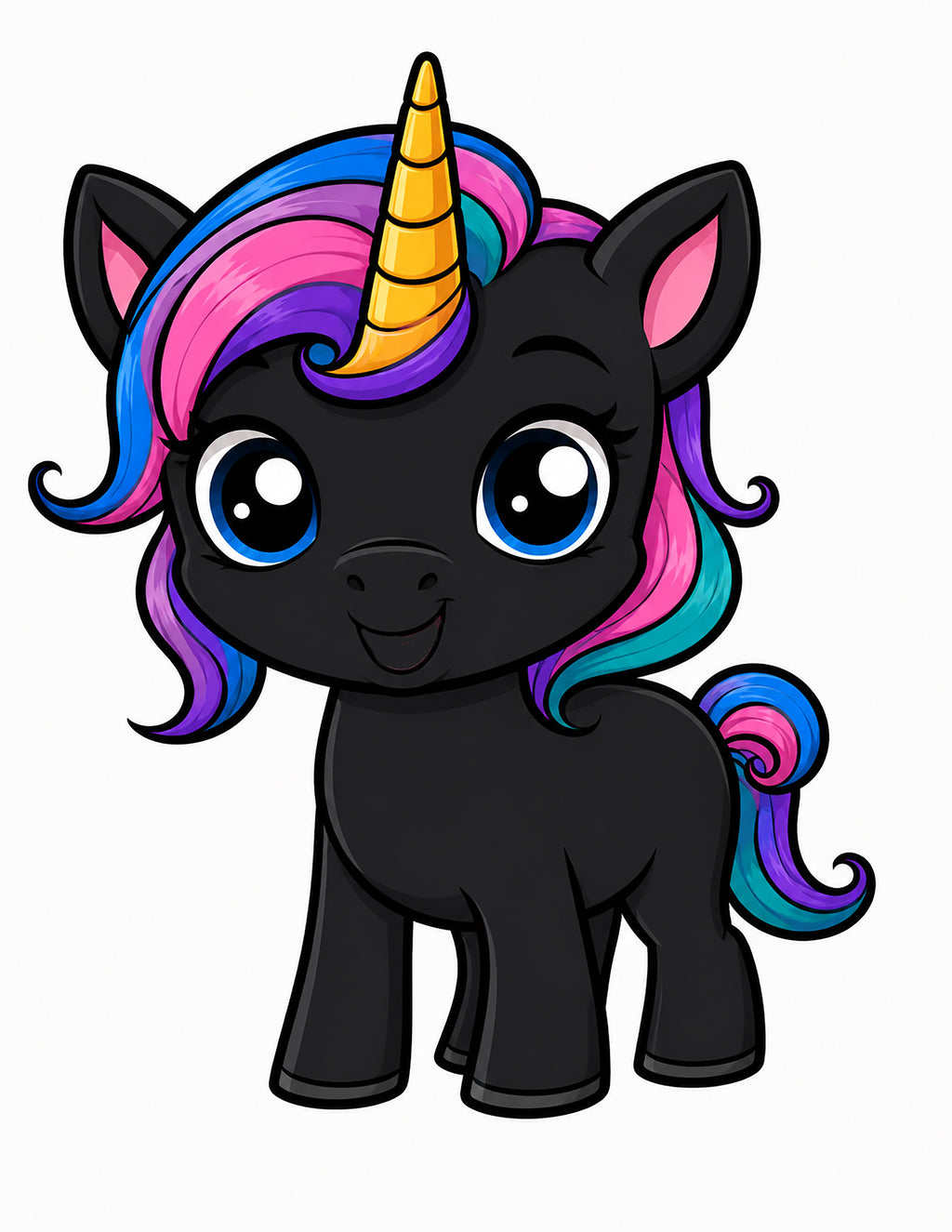 Een schattige cartoon zwarte pony-eenhoorn met een gouden hoorn en een kleurrijke manen en staart in roze, blauw, paars en turquoise, weergegeven op een effen witte achtergrond.