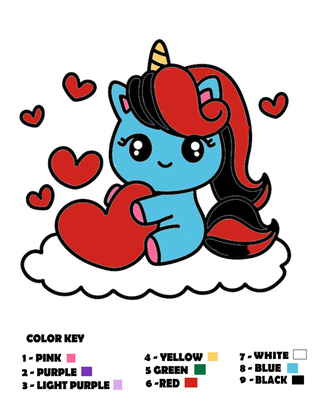 Een digitaal kleurboek met een schattige cartoon-eenhoorn met een blauw lichaam, rode manen en zwarte haren, zittend op een witte wolk en die een rood hart vasthoudt. Onderaan is er een kleursleutel met genummerde kleurlabels.