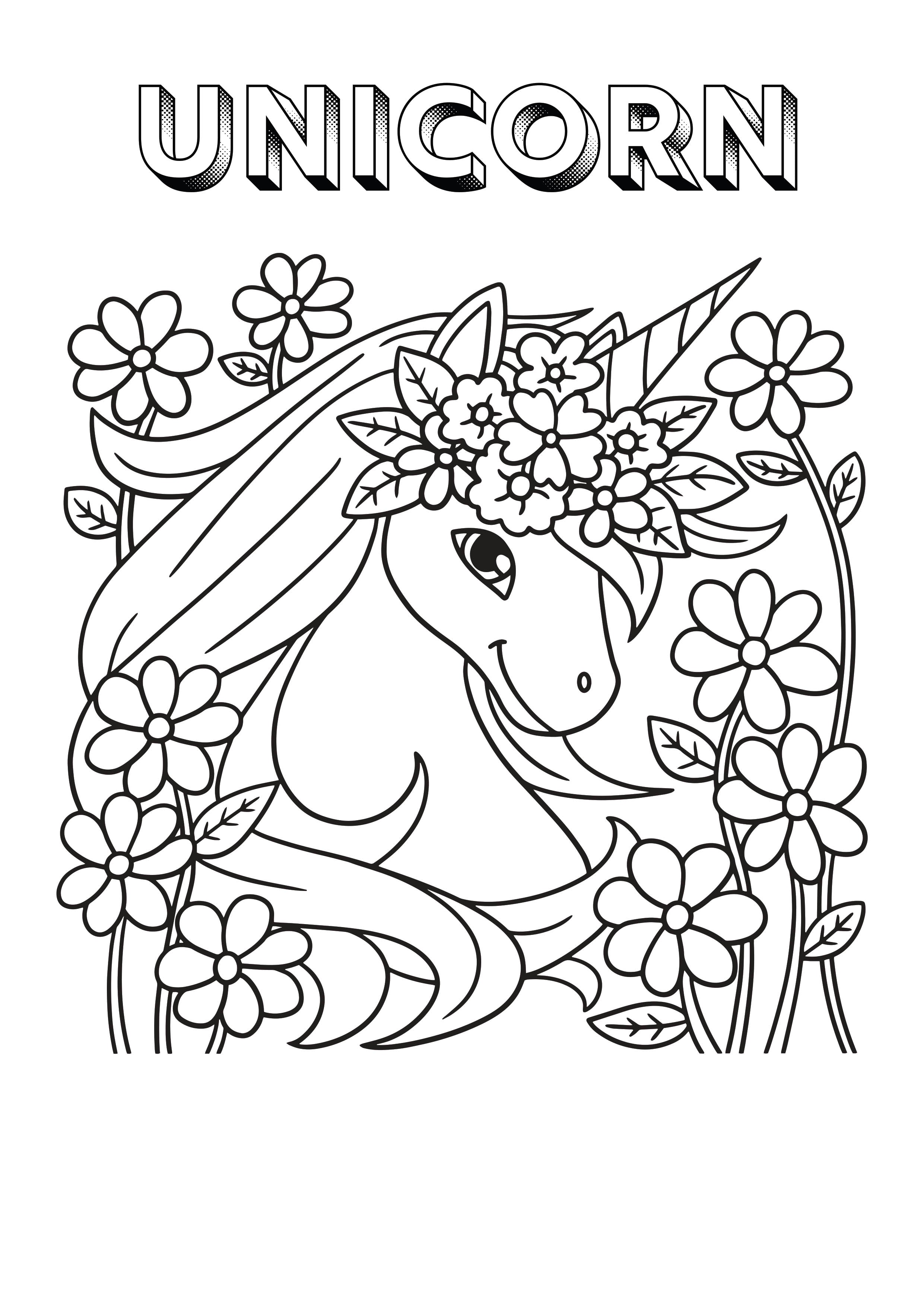 Black and white line art coloring page featuring a cute unicorn surrounded by flowers, with the word 'UNICORN' written at the top.