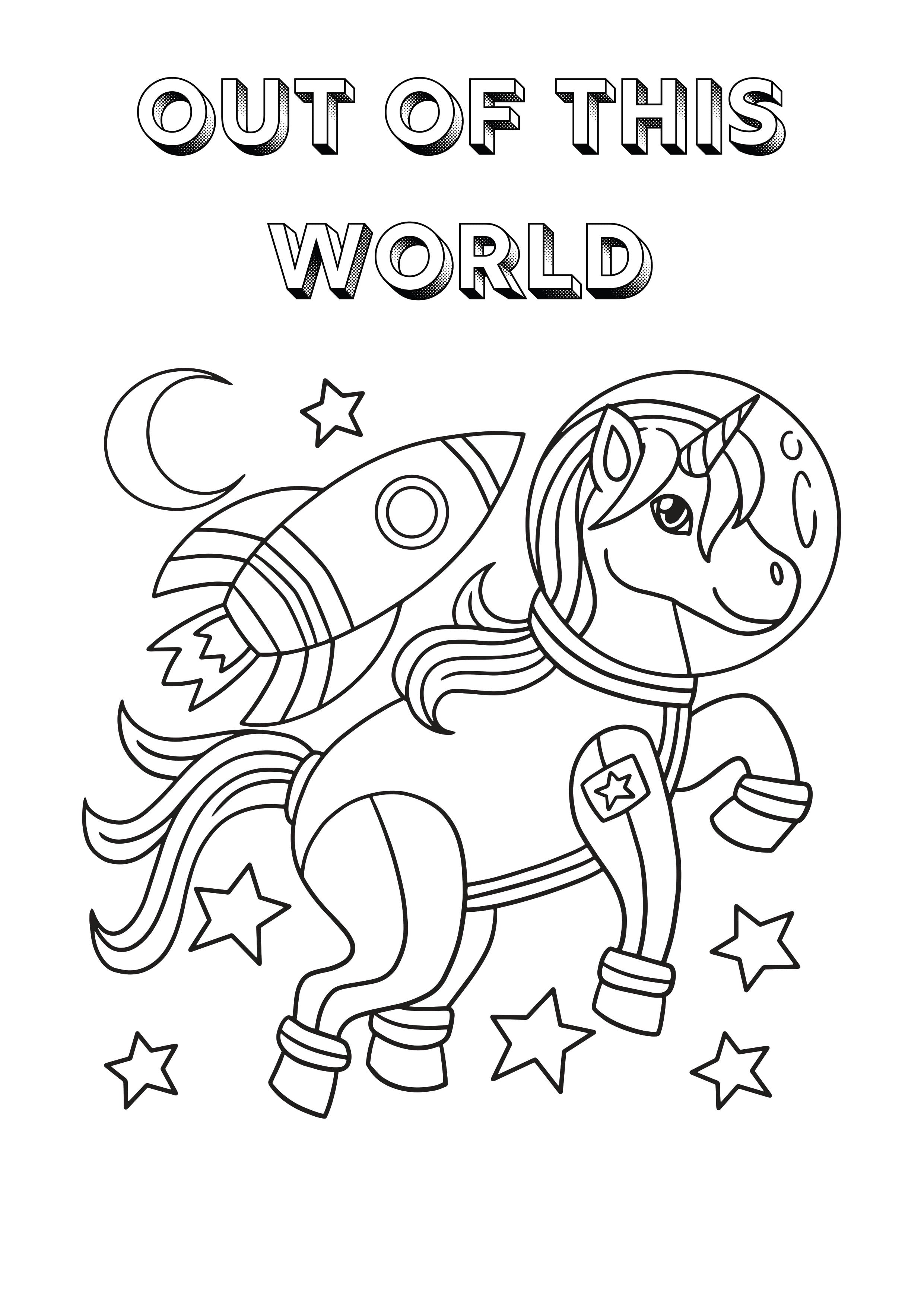 Black and white line art illustration of a cartoon unicorn wearing a space helmet and suit, flying with a rocket, surrounded by stars and a crescent moon, with the text 'OUT OF THIS WORLD' at the top.
