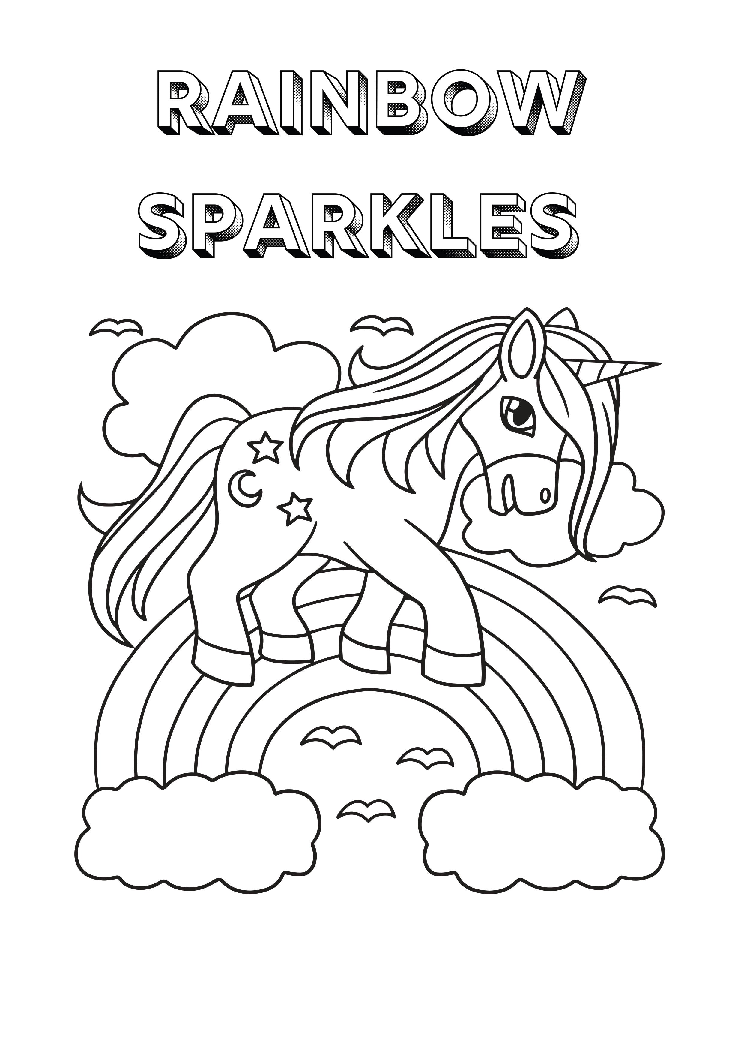 Black and white coloring page featuring a unicorn standing on a rainbow with clouds, stars, and the text 'RAINBOW SPARKLES' at the top.