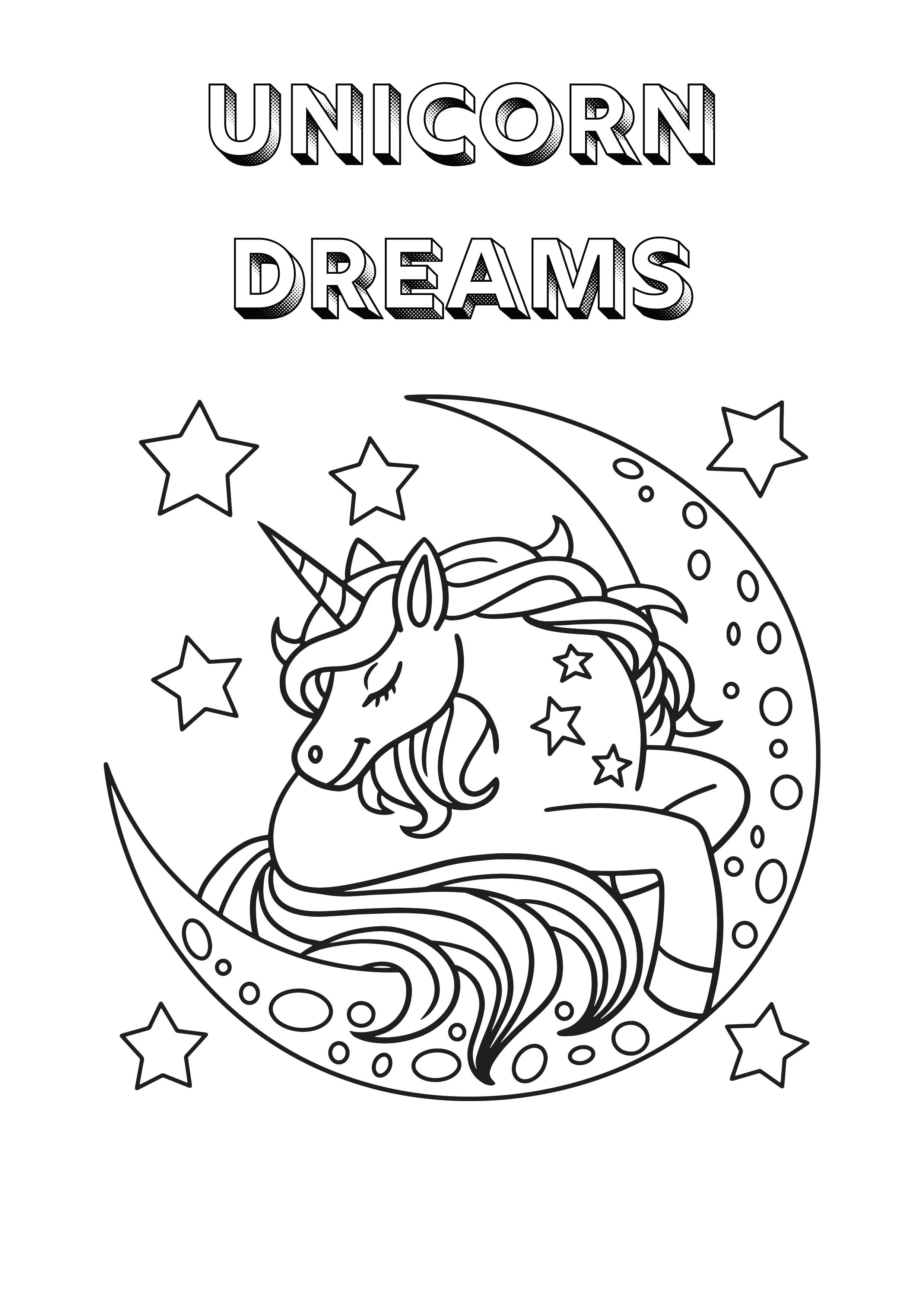 Black and white coloring page featuring a unicorn resting on a crescent moon with stars, under the text 'UNICORN DREAMS'.