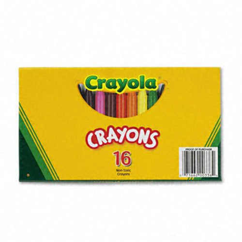 A box of Crayola crayons, 16-count, featuring the classic yellow packaging with green side accents and a window showing the colorful crayons inside.