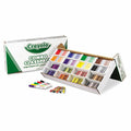 Crayola Combo Class Space large crayon and marker storage box shown open with multiple compartments filled with colorful markers, plus a few loose markers in front and the branded box behind on a white background.
