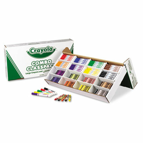 Crayola Combo Class Space large crayon and marker storage box shown open with multiple compartments filled with colorful markers, plus a few loose markers in front and the branded box behind on a white background.