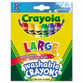 A package of Crayola Large Washable Crayons, featuring a bright yellow and green cardboard sleeve with a clear window showing eight crayons inside. The packaging includes the Crayola brand logo and a blue 'washable' label at the top.