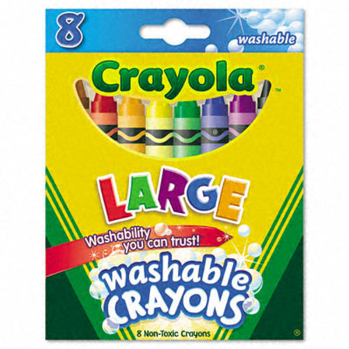 A package of Crayola Large Washable Crayons, featuring a bright yellow and green cardboard sleeve with a clear window showing eight crayons inside. The packaging includes the Crayola brand logo and a blue 'washable' label at the top.