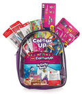 A purple clear backpack filled with colorful children's art and activity supplies, including a Colour Up activity book, colored pencils, markers, and paint packets, on a white background.