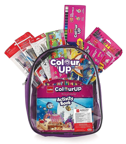 A purple clear backpack filled with colorful children's art and activity supplies, including a Colour Up activity book, colored pencils, markers, and paint packets, on a white background.